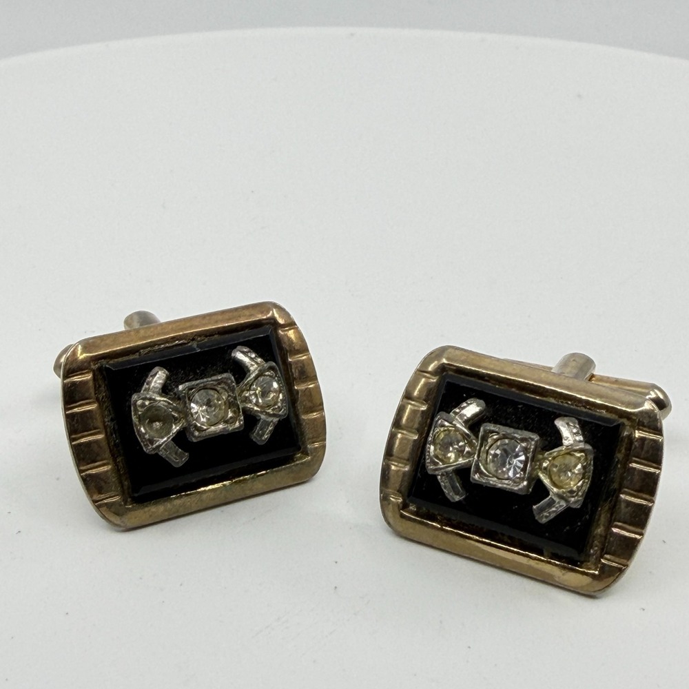 Black Glass Rhinestone Cufflinks Gold Tone Rectangle Art Deco Mens Formal Gift